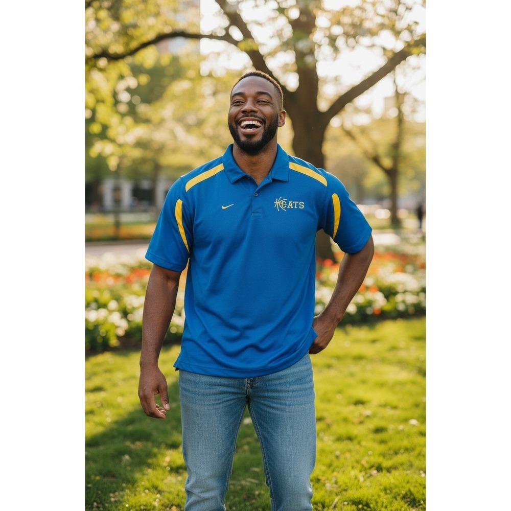 Nike Men's L Blue Yellow Cats Basketball Polo Shirt Cotton Fit Dry - Small Stain